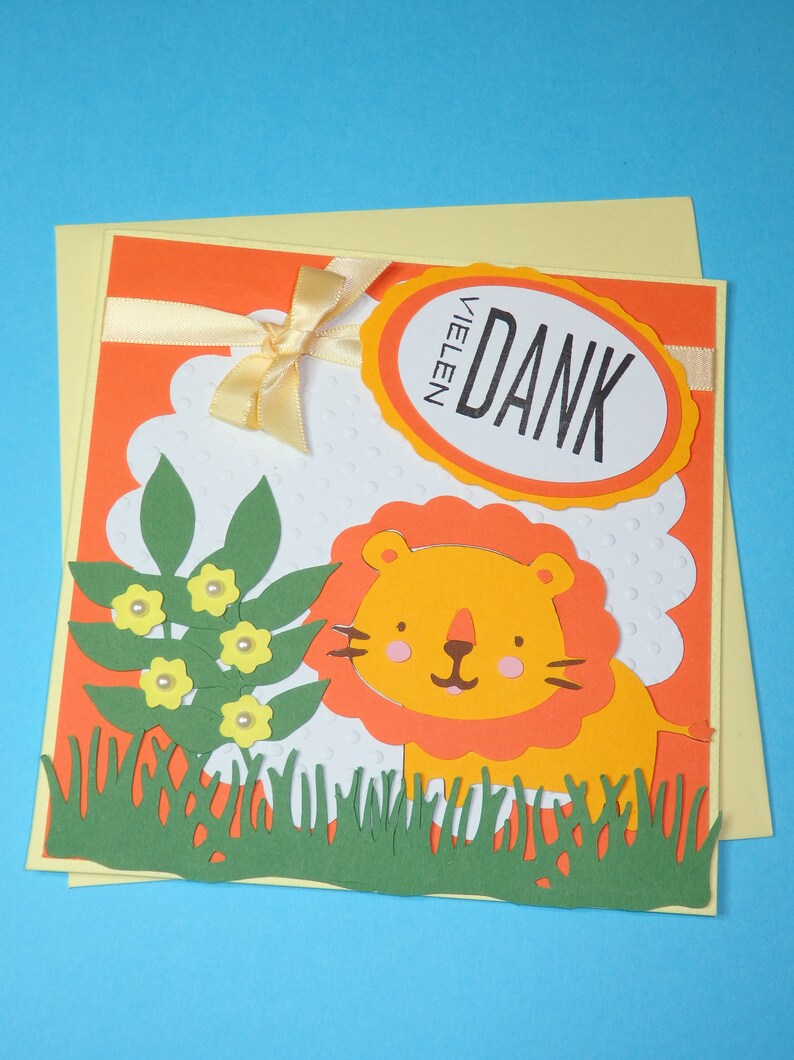 Greeting card MANY THANKS with lion and flowers image 1