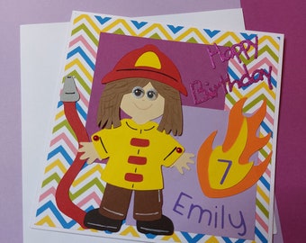 Geburtstagskarte zum 7. Geburtstag Feuerwehrmann mit Name und Wunschalter