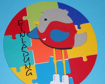 Einladungskarte Kindergeburtstag  Puzzle mit Vogel