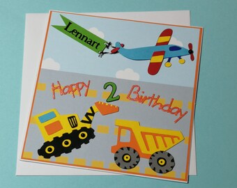 Geburtstagskarte zum  2. Geburtstag  mit Name  Wimmelbild  Fahrzeuge III