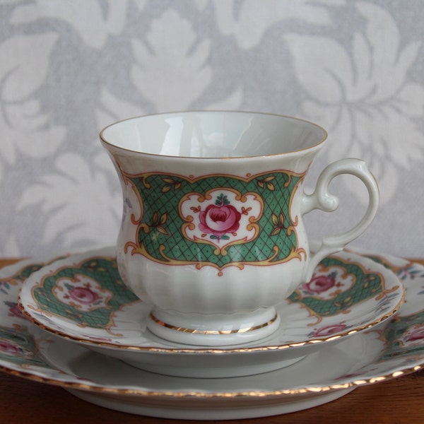 service à café vintage tasse de collection Seltmann Weiden Bavaria ensemble de collection 3 pièces porcelaine de marque Royal China blanc-vert-rose-coloré + bord doré