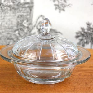 Tarro de cristal vintage, recipiente de vidrio, bote para manteca, tarro redondo de cristal prensado con tapa, tarro para manteca, mantequera, tarro de mermelada, bombonera, antigua rareza