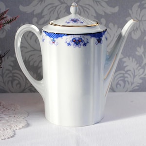 Vintage antik Fürstenberg porslin kaffe eller tekanna, vit och blå, hårt porslin, märkesporslin, kaffeservis, raritet