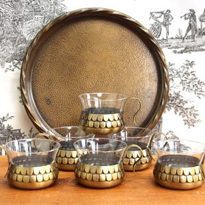 Vintage teglas, glaskoppar med fat, set med 6 punschglas, glasmuggar, punschservice, groggglas för 6 personer, punschset + bricka
