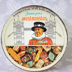 Vintage tin can chocolate tin metal tin Jamesons Westminster storage tin container storage tin lidded tin box