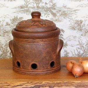 Può includere: Un contenitore per cipolle in ceramica marrone con un coperchio e fori di ventilazione. Tre cipolle marroni sono su una superficie di legno accanto al contenitore.