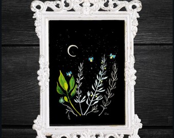 Fireflies Art Print: Gothic Floral Meadow, Dark Academia (4x6&quot; Mini)