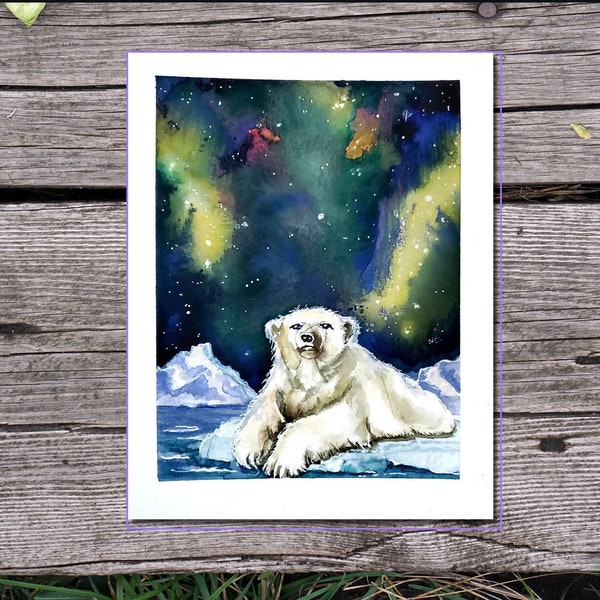 Polar Bear Painting | Original Watercolor & Gouache Painting | 8"x10" Painting Original Artwork | Coca Cola Bear | White Bear in Snow