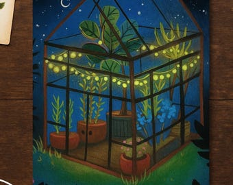 Gewächshaus um Mitternacht Mini Print: Dark Cottagecore Kunst, Geschenk für Gärtner/in
