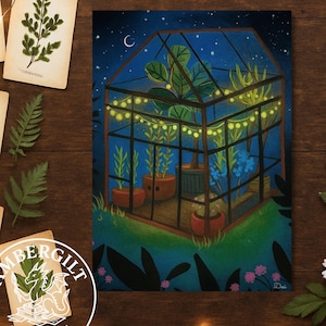 Greenhouse at Midnight Mini Print: Dark Cottagecore Art, Gift for Gardener