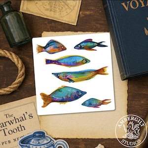 Worried Watercolor Fish Sticker Sheet: Nautical Ocean Art