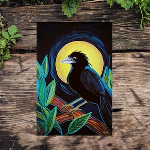Raven and Full Moon Mini Art Print | 4x6&quot; Black Raven Gouache Print | Witchy Black Raven Mini Artwork | Black Raven Lover Mini Art