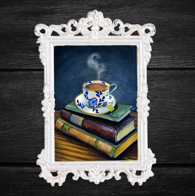 Tea and Books Mini Print: Vintage Tea Cup Watercolor Art (4x6")
