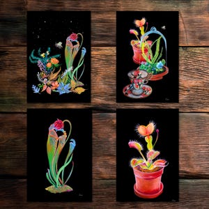 Mini stampe di piante carnivore Goth Garden / 4 - Stampe artistiche originali 4x6" / Dark Academia / Stampa cartolina Dark Cottagecore / Fiori gotici