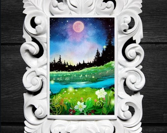Strawberry Moon Mini Print: Dark Academia Forest Art (4x6)