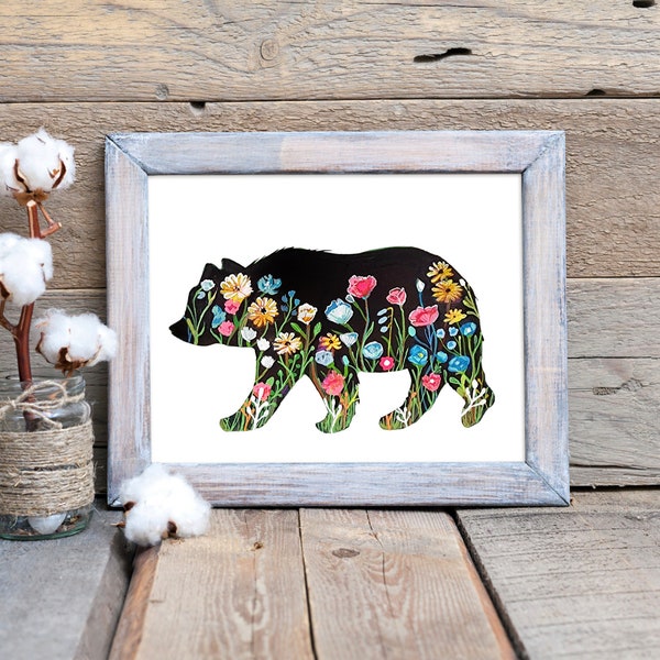 Black Bear Wall Art Print | Watercolor Art Print | Black Bear Art | Gouache Art | Floral Wall Art | Yosemite Black Bear