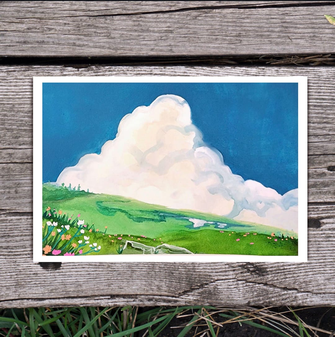 Studio Ghibli Inspired Watercolor Landscape Original 5x7 Painting | on the Hill | Clouds Over a ...