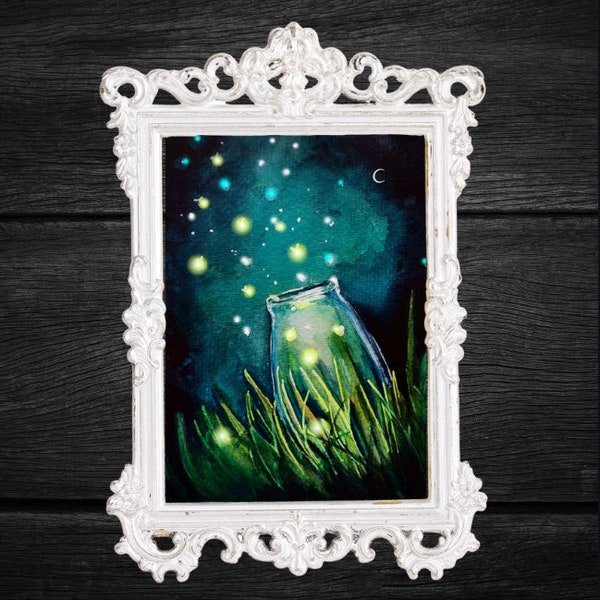 Firefly Wall Art | Forest at Night 4" x 6" Mini Print | Fireflies in a Jar Print from Original Artwork | Summertime Fireflies Mini Artwork