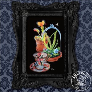 Venus Flytrap Teacup Art Print: Dark Cottagecore Botanical Illustration