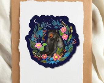 Black Bear Vinyl Sticker: Floral Crescent Moon, Waterproof Camping Decal