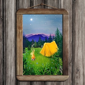 Bergcamping Art Mini Print | 4x6" Originele artwork print | Camping Wandelliefhebber Art Postcard Print | Kamperen bij nacht bergkunst