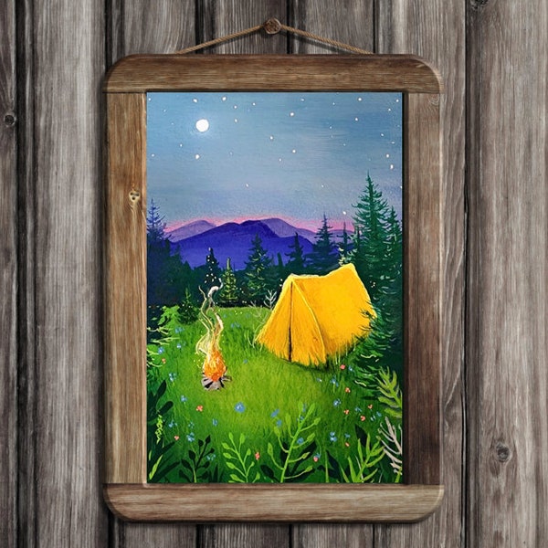 Mountain Camping Art Mini Print | 4x6" Original Artwork Print | Camping Hiking lover Art Postcard Print | Camping at night mountain art