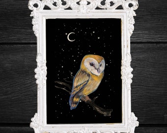 Barn Owl Moon Art Print: Dark Academia Nature (4x6&quot; Mini Print)