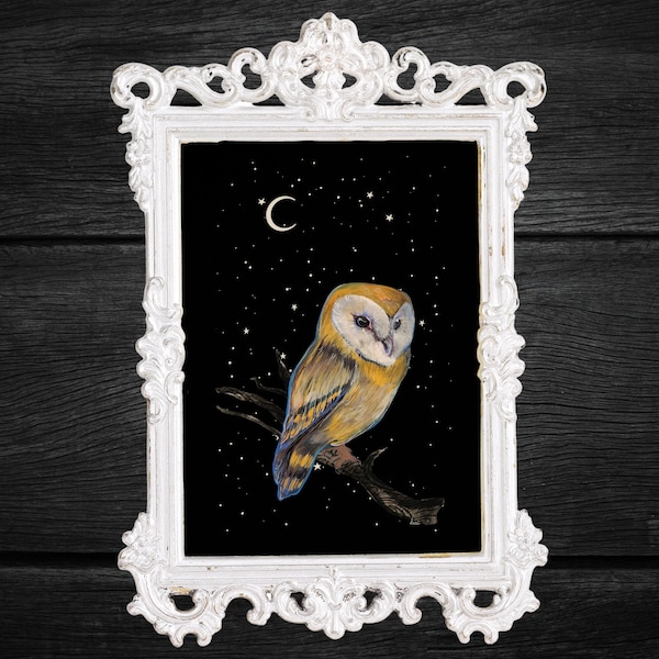 Owl Mini Print | 4x6" Original Artwork Print | Barn Owl Moon Mini Print | Dark Academia | Dark Nature Postcard Print | Owl Wall Art