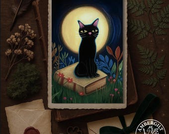 Black Cat Art Print: Moonlit Cottagecore Book Lover Gift 5x7