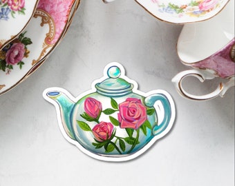 Floral Tea Pot Sticker: Watercolor Art, Waterproof Vinyl (3x3")