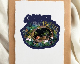 Red Fox Vinyl Sticker: Sleeping Fox in Log Home, Waterproof