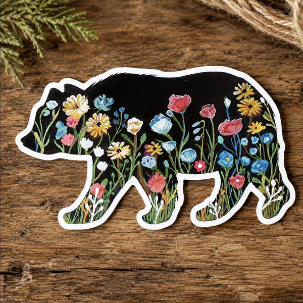 Black Bear Wildflower Sticker | Waterproof Vinyl Bear Sticker | Floral Bear Decal | Camping Sticker | Nature Lover Gift | Laptop Sticker