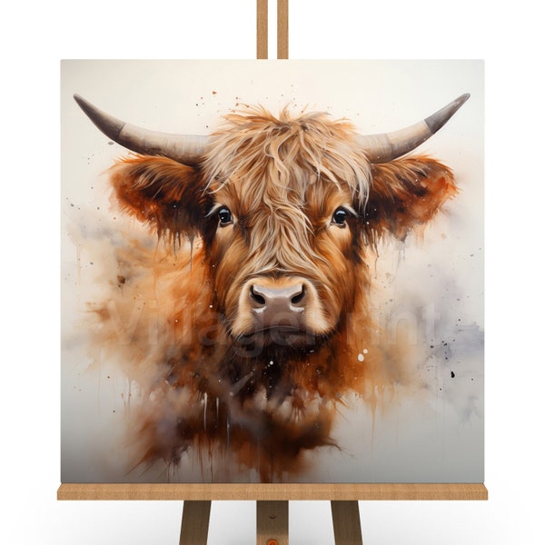 Scottish Highland Cow Framed Ready To Hang Canvas Print Picture Photo Wall Art Gift Chewy Coo Watercolour Painting Brown Orange