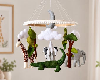 Karuzela Safari dla niemowląt. Dekoracja do pokoju dziecięcego z motywem afrykańskich zwierząt. Karuzela z filcu na zamówienie. Prezent na baby shower.