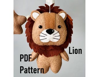 Patrón en PDF de un león de fieltro. Animales salvajes para hacer tú mismo. Tutorial de costura para decoración infantil hecha a mano.