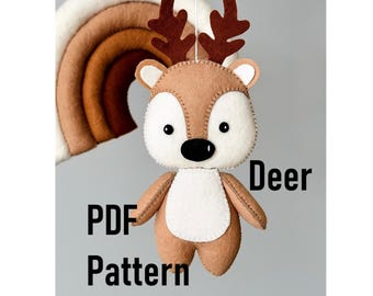 Patrón PDF de juguete de fieltro de ciervo. Animales marrones para hacer tú mismo. Tutorial de costura para decoración infantil hecha a mano.
