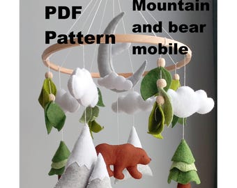 PDF Pattern Woodland felt mobile. DIY mobile with Mountains and Bear. Sewing tutorial handmade nursery decor