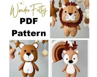 Patrón PDF de juguete de fieltro de león, oso y ciervo. Animales salvajes DIY. Tutorial de costura. Decoración infantil hecha a mano.
