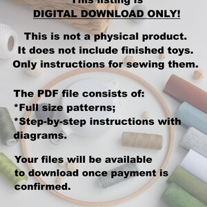 Puede incluir: Imagen de un anuncio de descarga digital con texto que indica instrucciones de costura. La imagen incluye tela de fieltro, carretes de hilo y un bastidor de bordado. El anuncio ofrece patrones de tama&ntilde;o completo e instrucciones paso a paso.