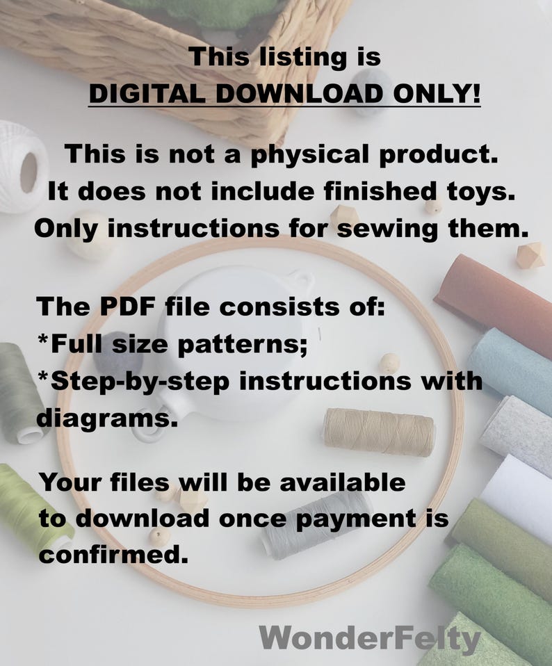 Puede incluir: Imagen de un anuncio de descarga digital con texto que indica instrucciones de costura. La imagen incluye tela de fieltro, carretes de hilo y un bastidor de bordado. El anuncio ofrece patrones de tama&ntilde;o completo e instrucciones paso a paso.