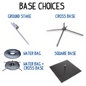 Base choices for the feather flag consist of a ground stake, cross base, cross base with a water bag or a square metal base.
