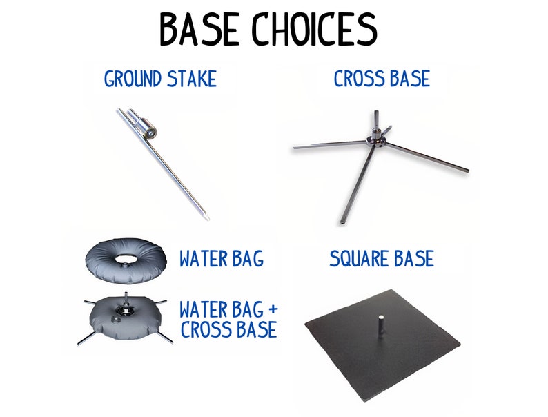 Base choices for the feather flag consist of a ground stake, cross base, cross base with a water bag or a square metal base.
