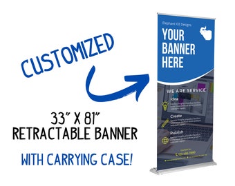 33" x 81" Custom Retractable Banner for Trade Show Exhibits, Events, Business as Pop Up Vertical Backdrop Roll Up Display w/ built in Stand