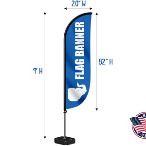 Flag banner on pole measuring 9-feet high by 20-inches wide. The flag portion measures 82-inches high. This item is Made in America.