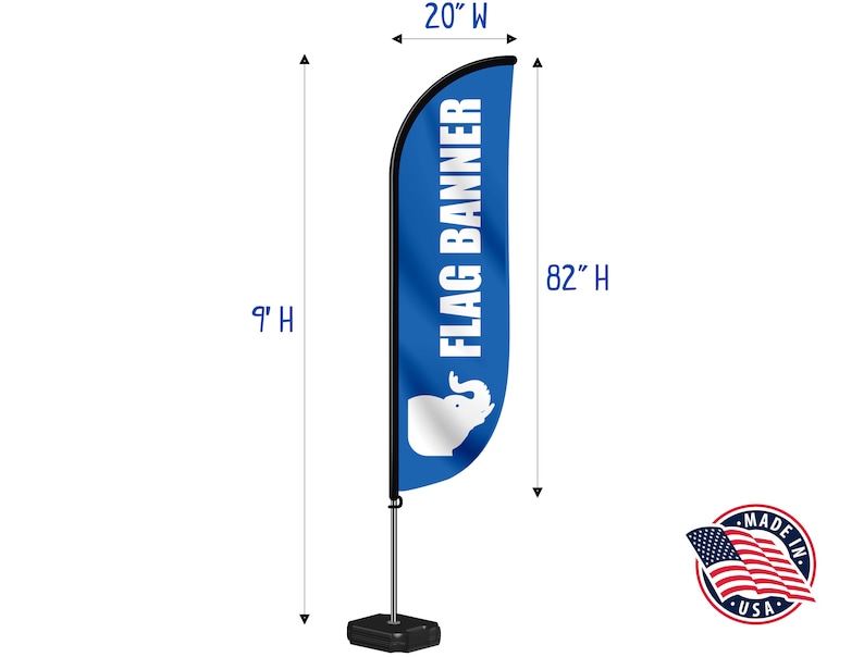 Flag banner on pole measuring 9-feet high by 20-inches wide. The flag portion measures 82-inches high. This item is Made in America.
