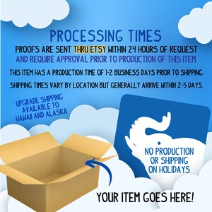 Proofs are sent within 24 hours of request and require approval prior to production. This item has a production time of 1-2 business days. Shipping times vary by location but generally arrive within 2-5 days. Upgrades available to Hawaii/Alaska.