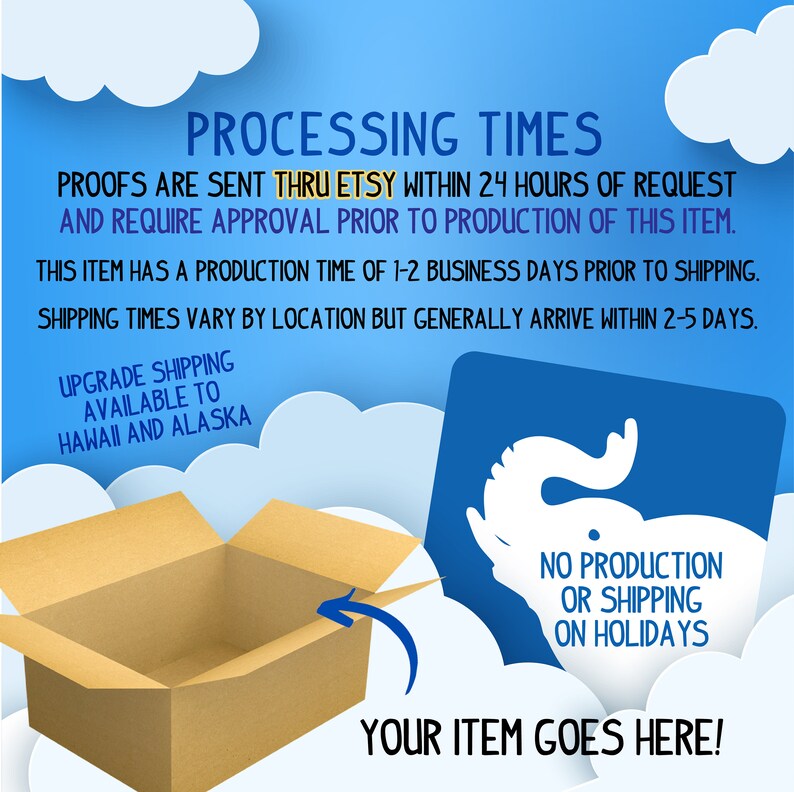 Proofs are sent within 24 hours of request and require approval prior to production. This item has a production time of 1-2 business days. Shipping times vary by location but generally arrive within 2-5 days. Upgrades available to Hawaii/Alaska.