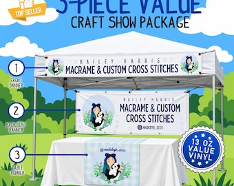 May include: A 3-piece craft show package featuring a white pop-up tent with a front banner, a back banner, and a table runner. All items display the text Bailey Harris Macrame & Custom Cross Stitches and an illustration of a person with a dog.