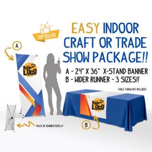 Indoor Craft or Trade Show Package: Personalized Stand Up Banner & Logo Table Runner for Business Display, Pop-Up Shops, and Holiday Shows