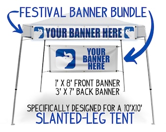 TWO Personalized Tent Banners, Front 1x8 and Back 3x7 Signs That Fit Most Standard SLANTED Canopy Tent for Craft Show and Festival Banner